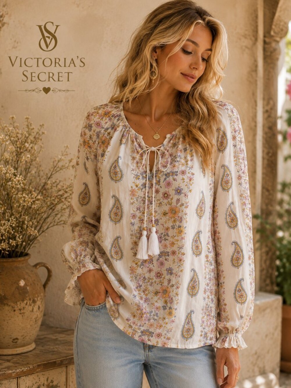 VICTORIA'S SECRET Sheer Paisley Tassels Peasant Boho Romantic Blouse Top M